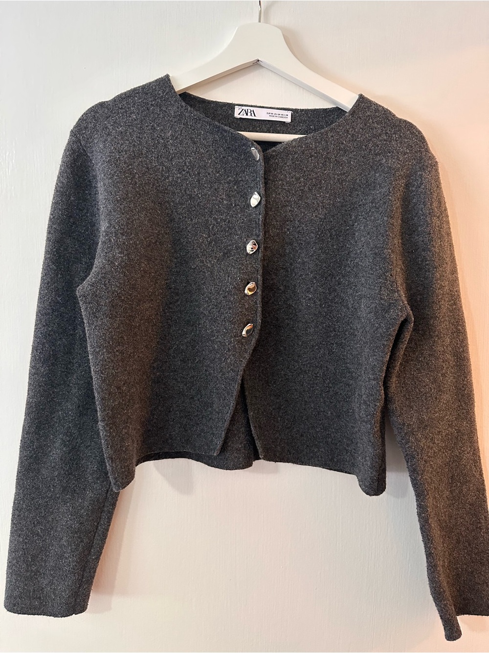 Zara Charcoal Button-Front Cropped Cardigan